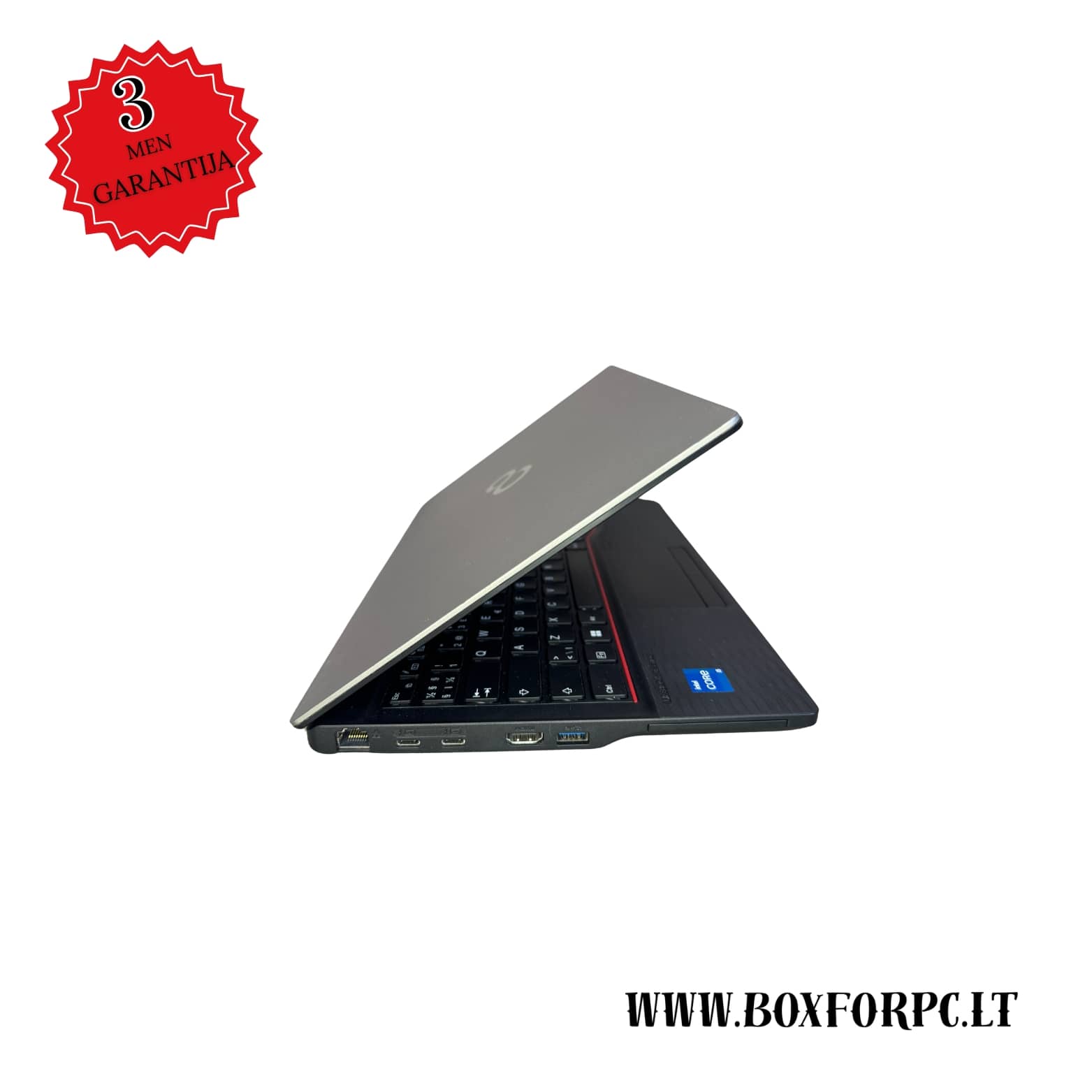 Fujitsu LifeBook E5412 kairė pusė, USB-C ir HDMI jungtys
