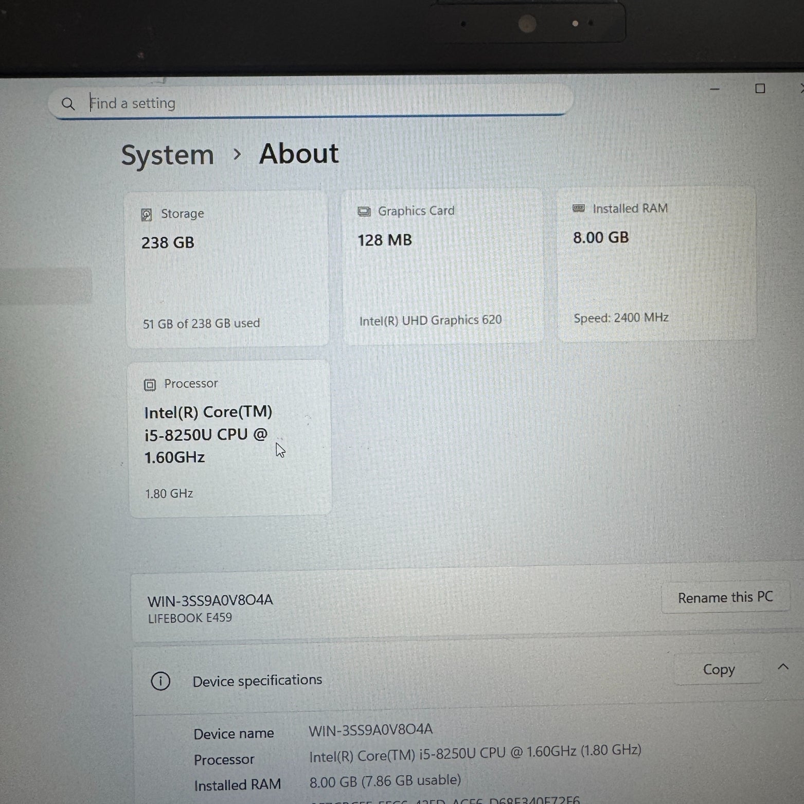 Fujitsu LifeBook E459 | i5 8-os kartos | 8 GB RAM | 256 GB SSD | Windows 11 | Verslo klasės nešiojamas kompiuteris |SU DEFEKTU|