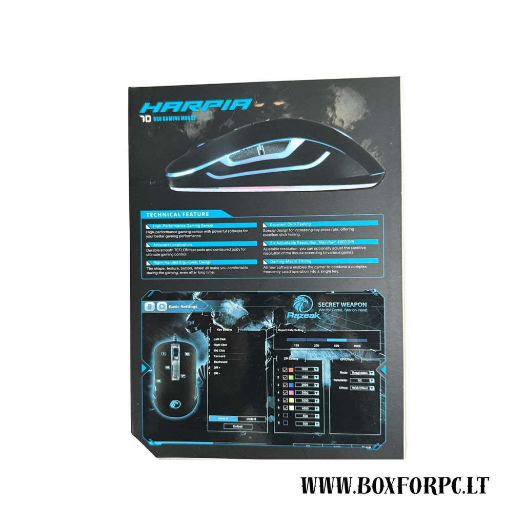 Razeak HARPIA RGB Gaming Mouse M201 | 6 mygtukai | 4000 DPI | LED apšvietimas | Ergonomiškas dizainas