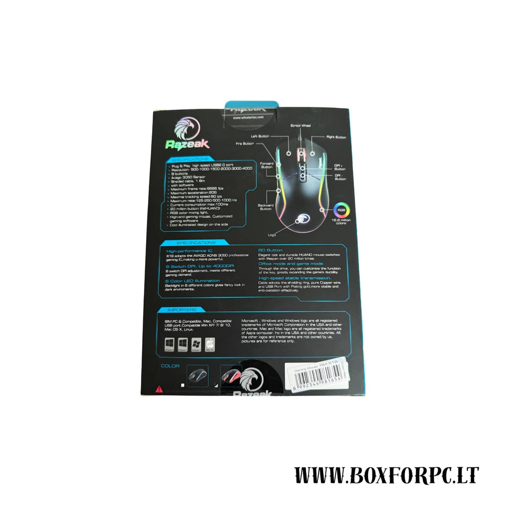 Razeak RM-X18 Gaming Mouse | RGB | 8 mygtukai | 500-4000 DPI | Žaidimų klasės