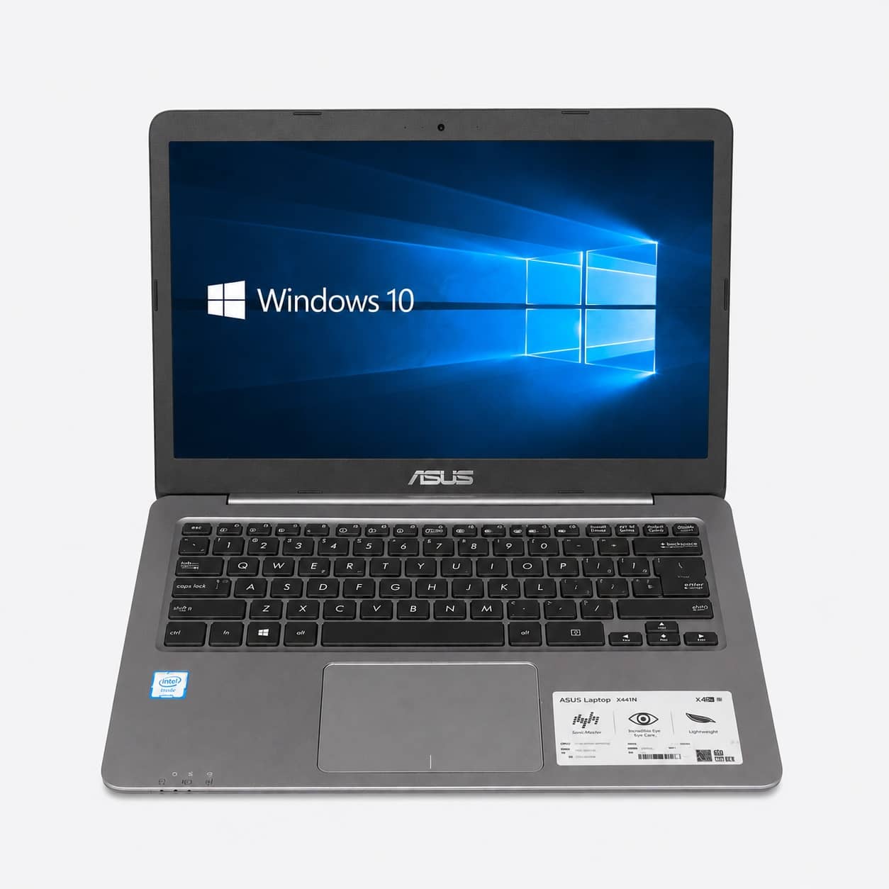 ASUS E403s nešiojamas kompiuteris – vaizdas iš priekio, atidarytas ekranas, sidabrinis korpusas